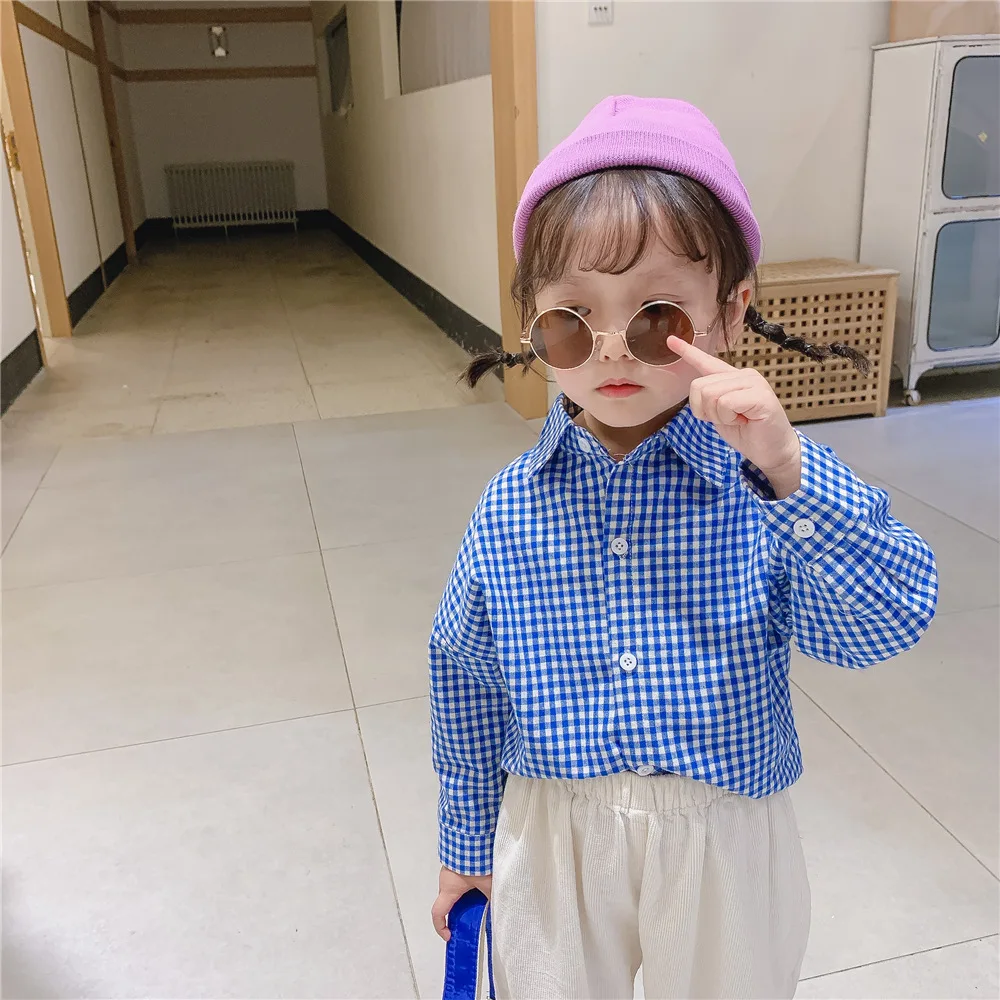 

Boys Girls Plaid Shirt 2022 New Turn Down Collar Single Breasted Blouses Fashion Leisure All-Match Long Sleeve Tops