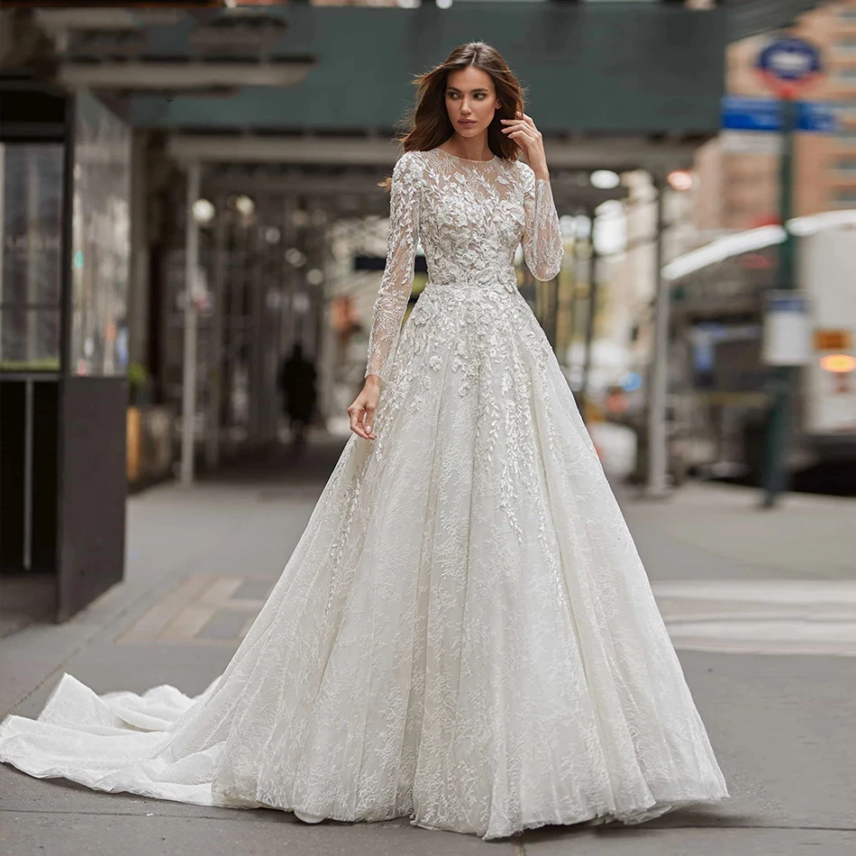 

2023 Long Sleeve Wedding Dress Delicate Beads Lace Flowers Bride A-Line Scoop Neck Bridal Gowns Vestidos De Novia Robe De Mariée