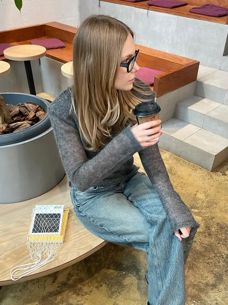 Модный однотонный вязаный свитер с круглым вырезом элегантный облегающий тонкий