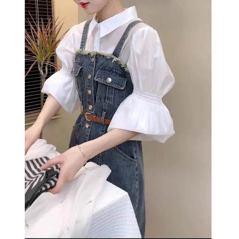 Корейская шикарная рубашка с пышными рукавами и лацканами джинсовая юбка