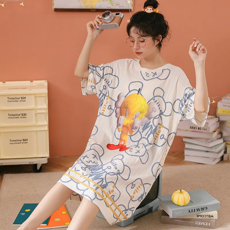 

Summer Cute Lady Short Sleeve Dress Women Cotton Cartoon Homedress Female Loose Casual Sleepdress Nightdress