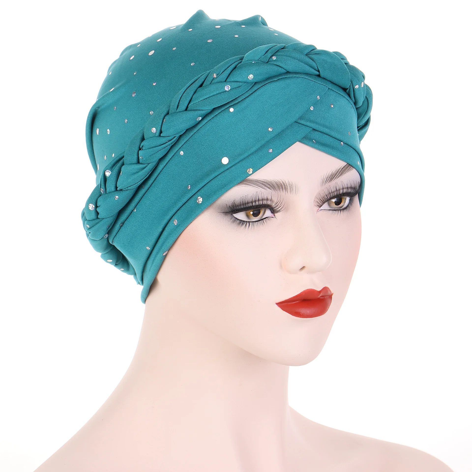 Women Turban Cap Beaded Headscarf Beanie African Braid Cap for Women Twisted Beaded Braid Wrap Hat Turban for Muslim Women
