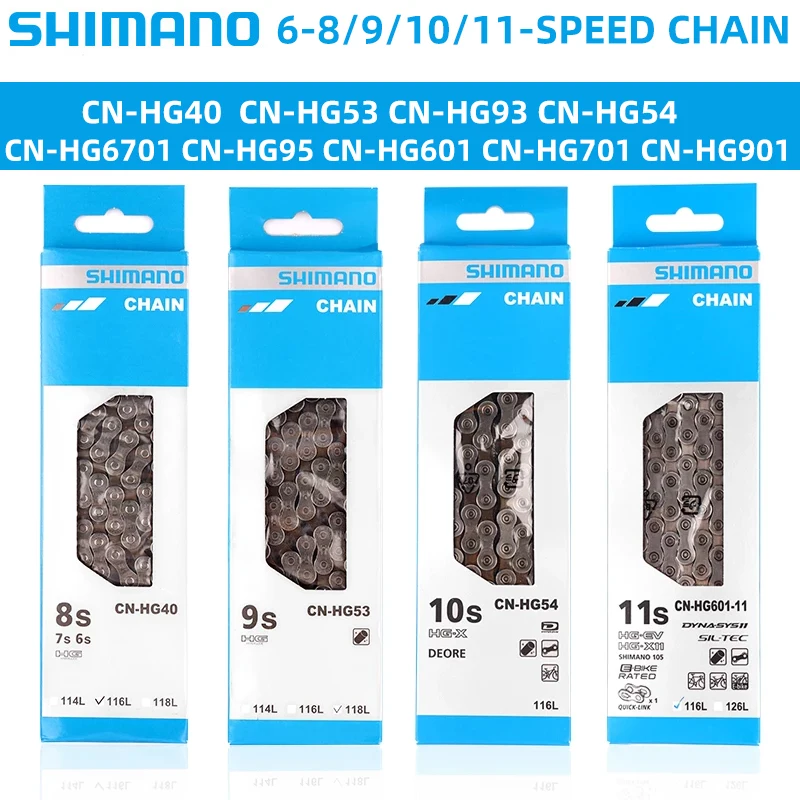 

SHIMANO Bicycle Chains 8/9/10/11 Speed HG601 HG701 HG901 HG40 HG53 HG93 HG54 HG95 HG71 MTB Road Bike Chain 114/116/118 Links