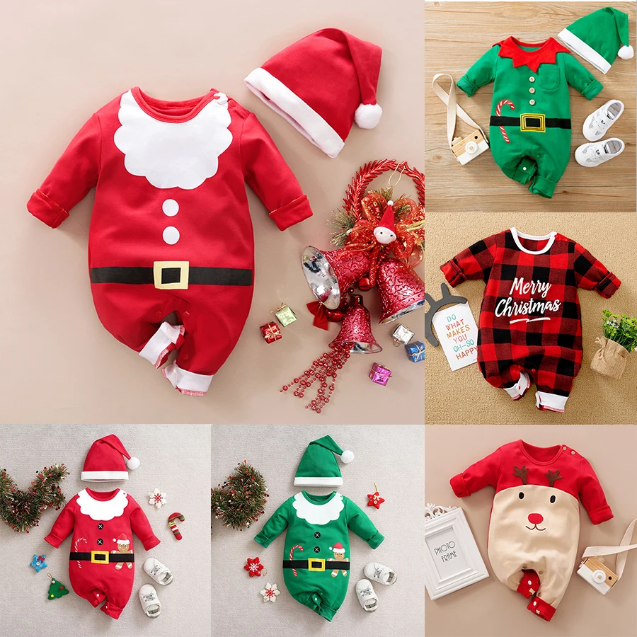 Christmas Baby Costume santa claus elk elf Infant Romper Jumpsuit Suit 2Pcs Clothes Newborn 0-12M New Year