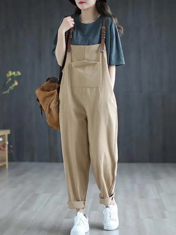 

Новинка 2023, модный винтажный Повседневный стильный Однотонный женский комбинезон с карманами и пуговицами, элегантные комбинезоны T521