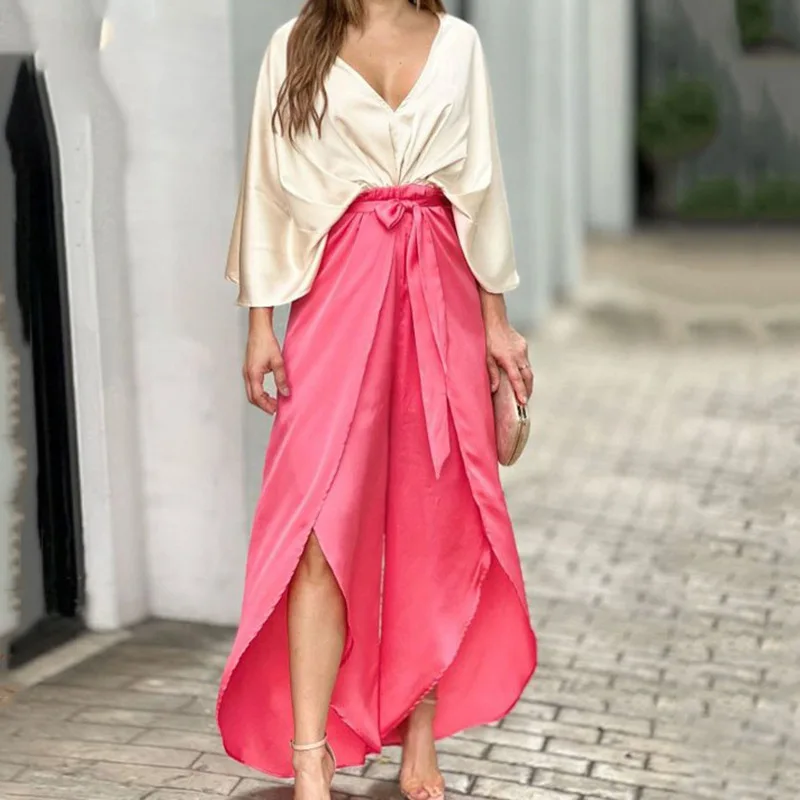 

2023 осенний Женский Свободный Асимметричный топ с V-образным вырезом и брюки, повседневный комплект