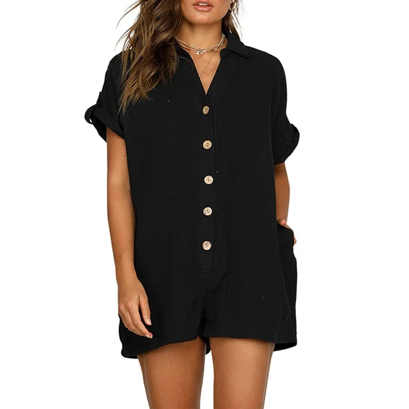 Women Casual Button Up Pockets Rompers 2023 Loose Wide Leg Sexy Jumpsuit Solid Shorts Summer Short Sleeve Linen Casual Playsuit