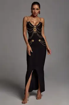 Black White Ladies HL Bandage Strap Metal Embellishment Maxi Bodycon Long Dress Celebrity Fashion Red Carpet Outfit High Quality