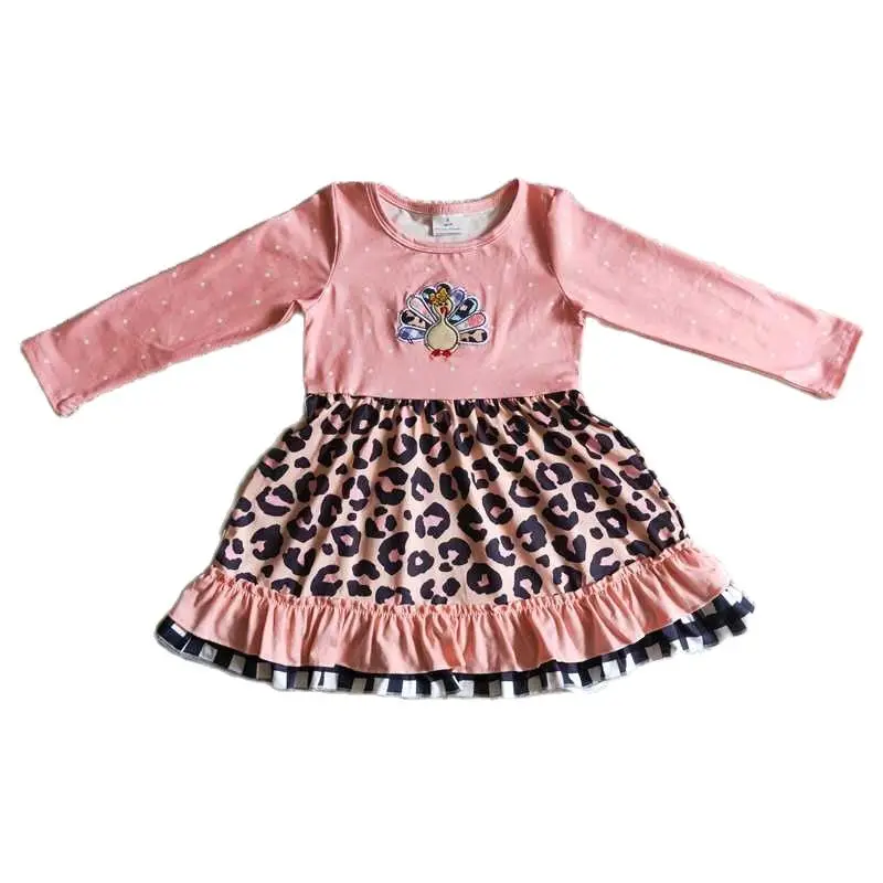 

GLD0095 Baby Thanksgiving Clothing Long Sleeve Turkey Print Kids Dresses For Girls Milk Silk