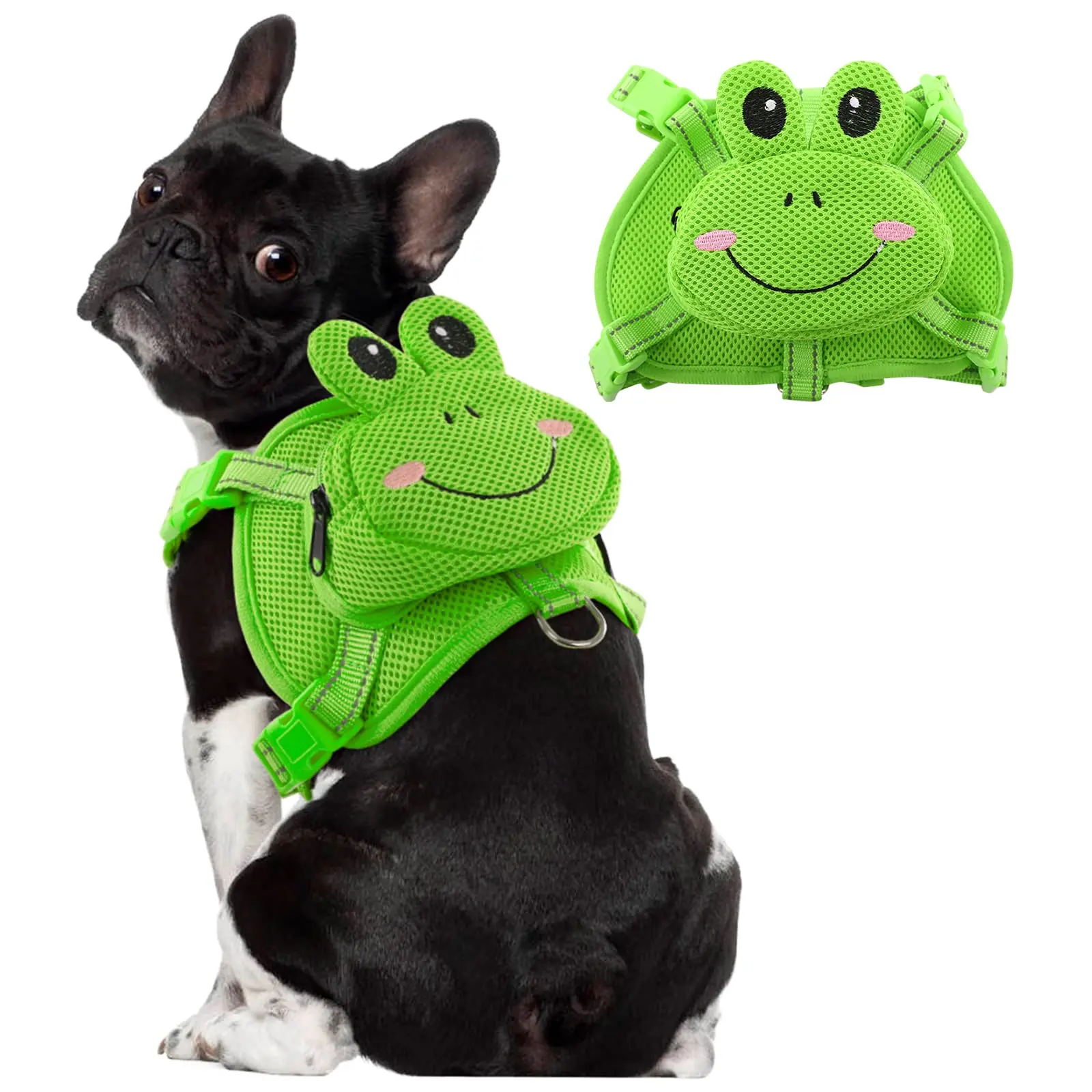 

Dog Saddle Bag Harness and Leash Set Pet Self Carrier Bag Cute Frog Backpack with D-Ring Adjustable for Outdoor Travel Hiking
