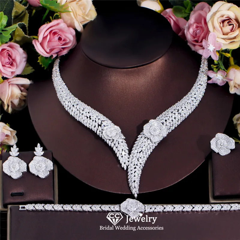 

CC Shining Jewelry Set Women Accessories Wedding Bijoux Bridal Dress Engagement Necklace Earrings Ring Bracelet 4 PCS Sets T0264