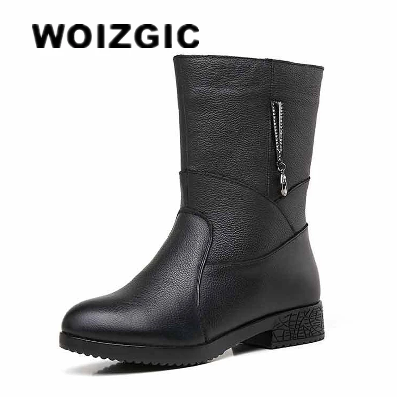 

WOIZGIC Новое поступление, женские ботинки из натуральной кожи, ботинки до середины икры, теплые плюшевые меховые зимние на молнии, Размеры 35-42