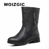 woizgic new arrival women ladies female mother genuine leather shoes boots mid calf warm plush fur winter zip 35 42 fj 3316