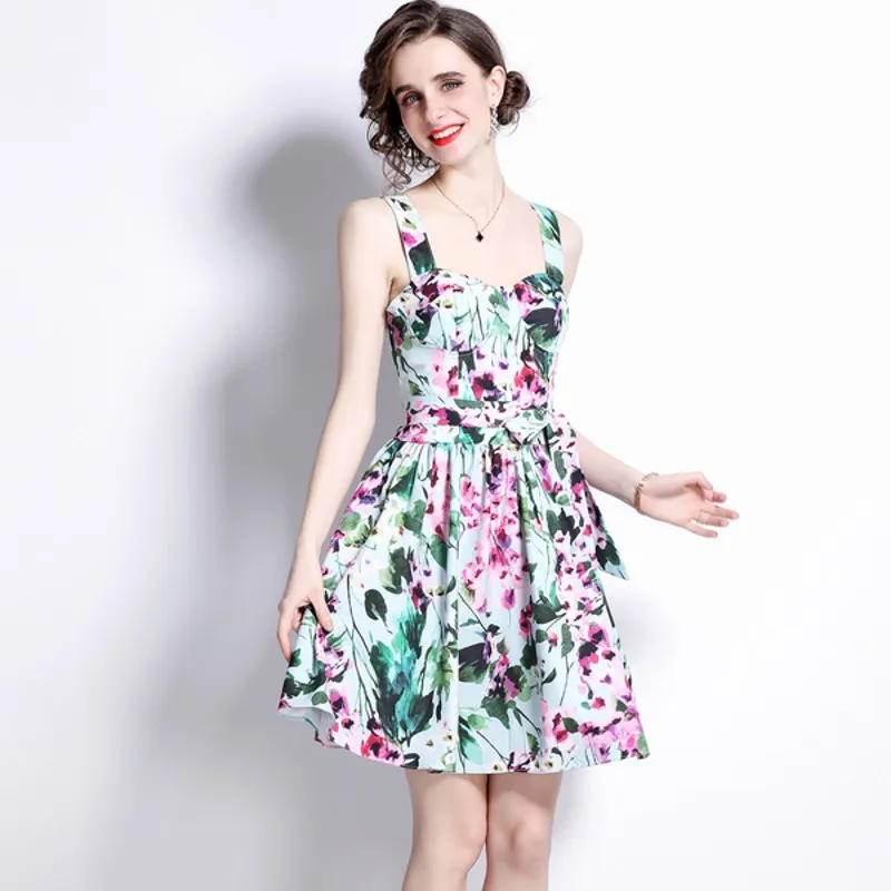 

2022 Europe Fashion Mini Dress Women Sleeveless Backless Holiday Beach Flower Print Elegant Lace-Up Dress Vestidos