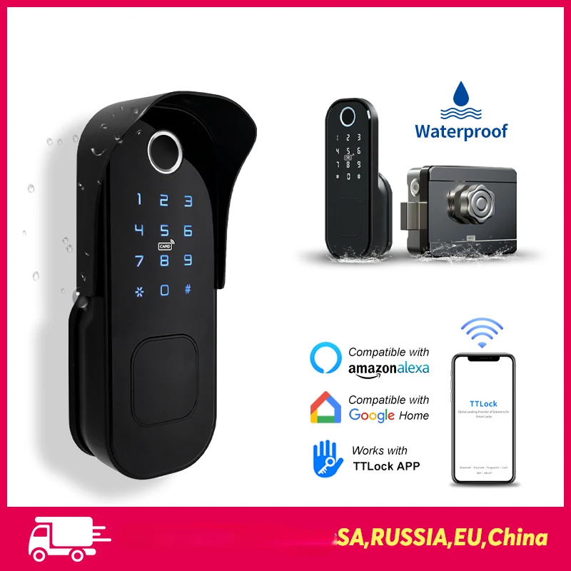 

Fingerprint Waterproof Outdoor Gate Remote Control Bluetooth TTLock App Passcode Rfid Card Keyless Smart Door Lock and/Gateway