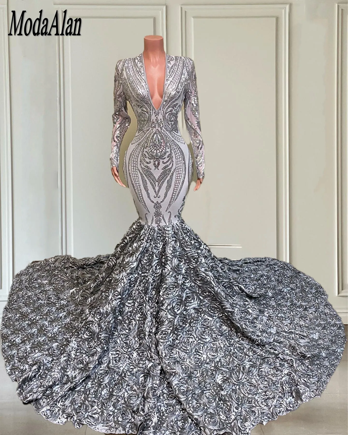 

Formal Occasion Silver Mermaid Prom Dresses Long Sleeves V Neck Mermaid Party Gowns Sequin Evening Dress Vestidos De Graduación