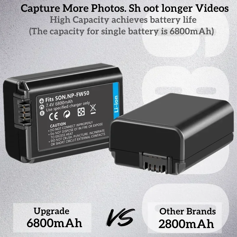 Комплект аккумуляторов для камеры NP-FW50 6800 мАч совместимый с Sony AlphaA6000 A6500 A6300 A6400 A7