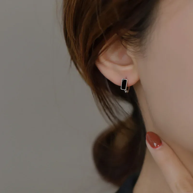 Корейские серьги-капли из серебра S925 черные квадратные женские винтажные модные