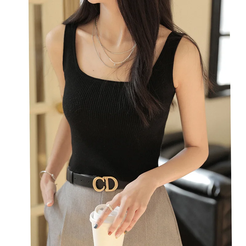 

Knit Tops Popular Tank 2023 Spring Summer Style Temperament Simple High Elastic Knitted Shirt Strap Women's Knitwears Short Top