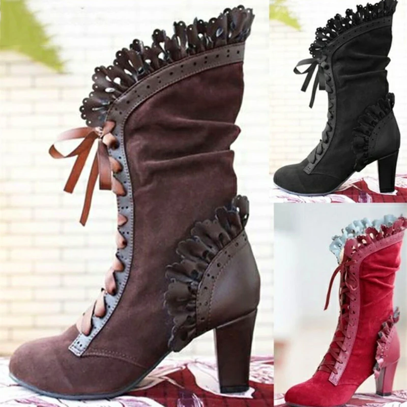 

Size 43 Women High Heels Shoes Winter Leather Boots Tied Rope Retro Fashion Court Warm Suede Platform Boots Casual Sneakers