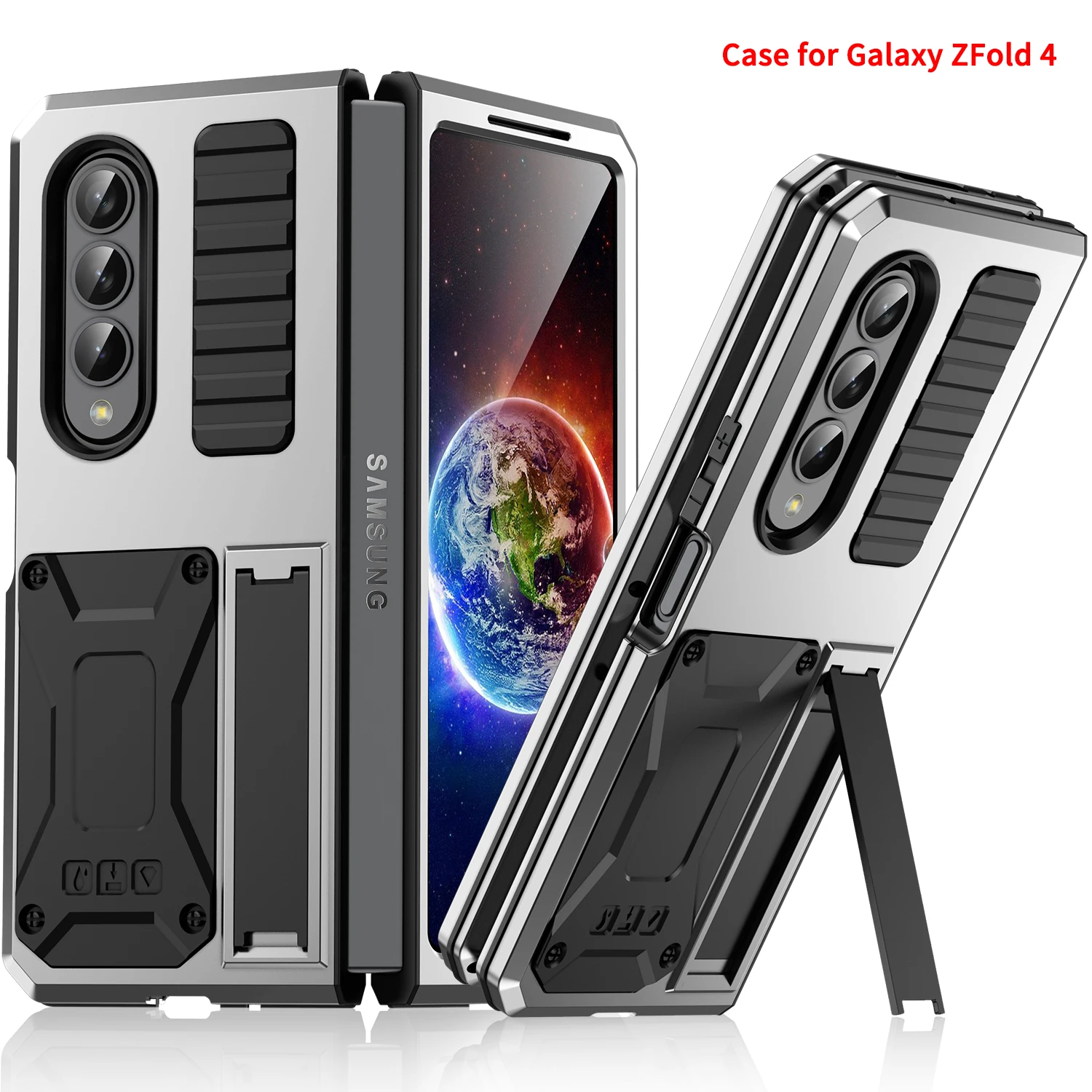 

Heavy Duty Metal Silione Rugged Defender Case For Samsung Galaxy Z Fold 4 5G Kickstand Dust Proof Military Grade Protection