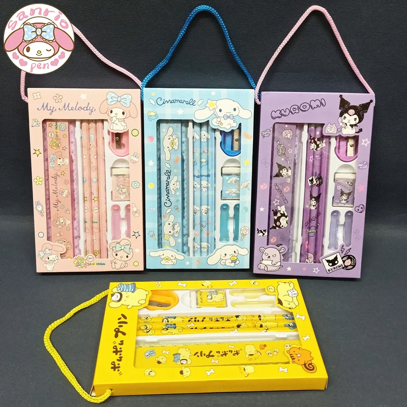 

Sanrio Stationery Set Pencil Eraser Ruler Kawaii Melody Kuromi Cinnamon Roll Student Painting Supplies Children Holiday Gifts