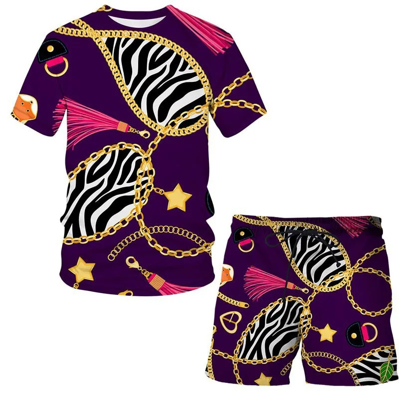 New Summer Men Sets Retro Luxury Gold Chain Short Sleeve T-shirt Two Piece Fashion Tops Tee Casual Streetwear Couple Clothing