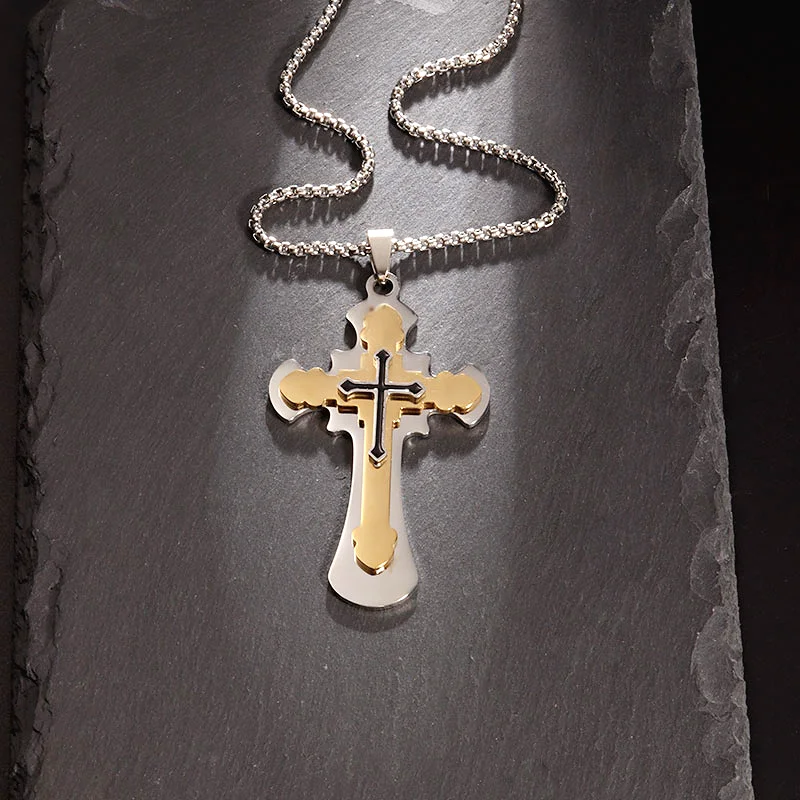 

New Fashion Stainless Steel Three-Tier Jesus Cross Pendant Necklace for Men and Women Christian Church Prayer Jewelry Gifts