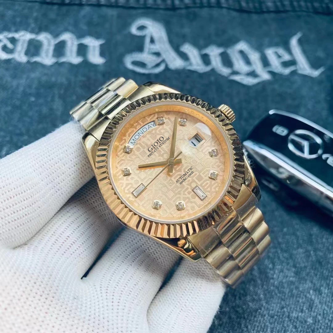 

men Automatic Mechanical watch Gold Black Sky Blue Diamond