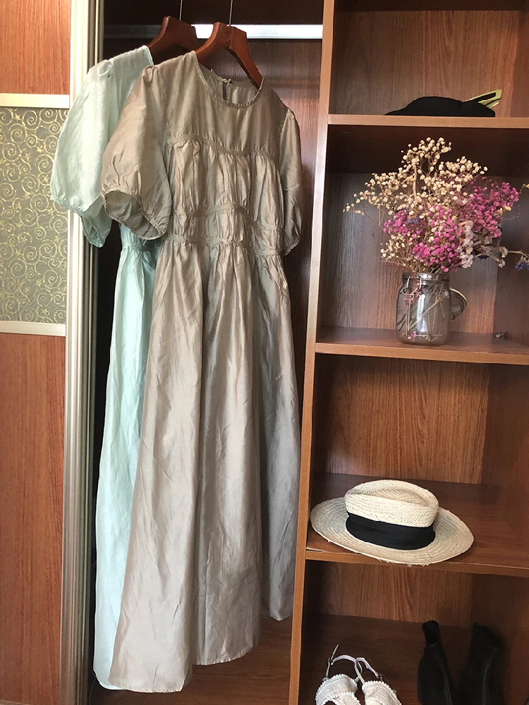 

Женское длинное платье с пышными рукавами, элегантное Плиссированное приталенное платье с круглым вырезом в Корейском стиле на лето