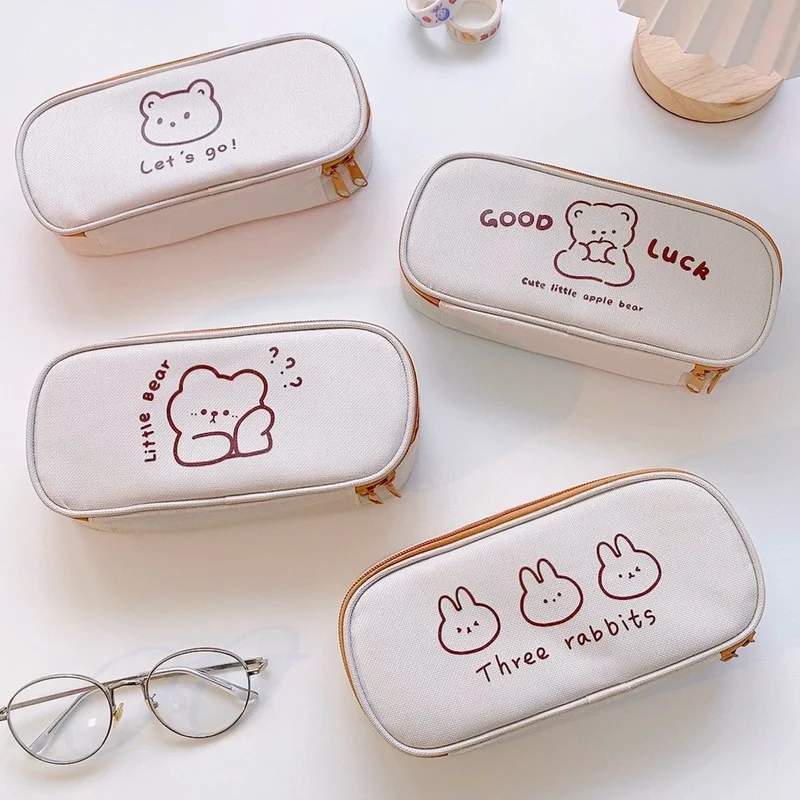 Cute Pencil Box for School Accessories Cartoon Organizers Cases Boxes Bear Large Capacity Kawaii Canvas Case Supplies Stationery