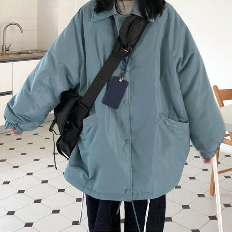 Thicken Solid Parkas Woman College Style Loose Long-sleeved Single-breasted Cotton Coat Fashion All-match Outerwear 2022 New
