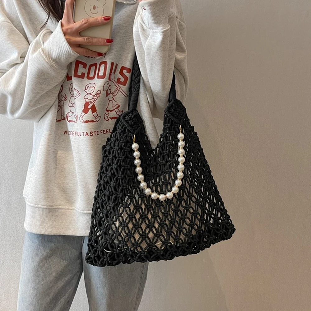 Pearls Beading Tote Hobo Hollow Woven Women Shoulder Bag Summer Crochet Handbags and Purses Designer Bags for Women Shopper Bag