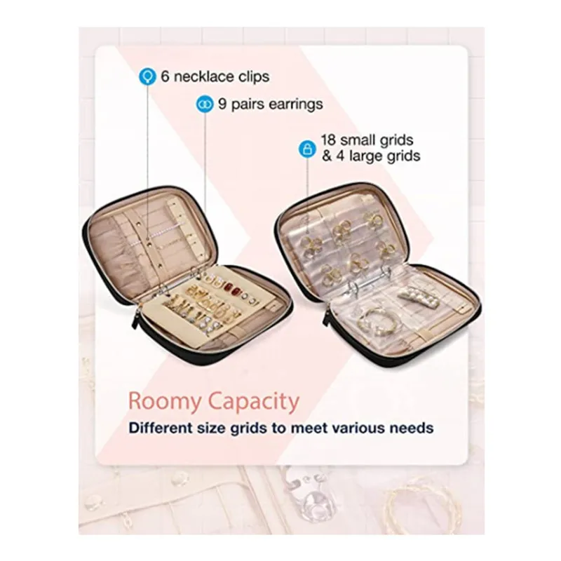 Multi-layer Jewelry Travel Organizer Black Pink Storage Box with Clear Booklet Zipper Pouch Bag Fabric Jewelry Packaging Holder