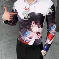 mens flower shirt long sleeve korean nightclub slim trend personality inch shirt handsome casual beauty printed shirt