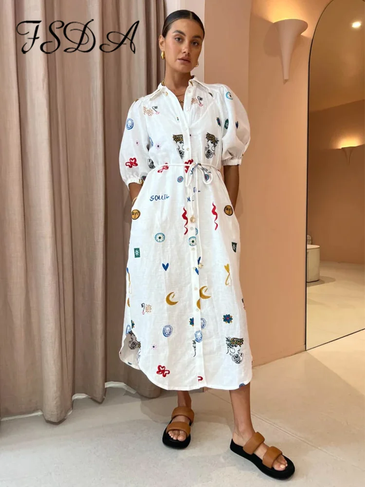 

FSDA Graffiti Printed Holiday Dress Female Short Puff Sleeve Single Breasted Belts Vacation Summer Dresses Women Beach Elegant