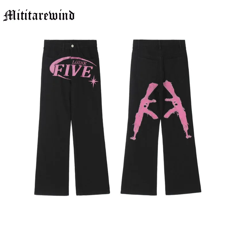 

Джинсы мужские прямые в стиле «хип-хоп», лоскутные брюки в американском стиле, с надписью, повседневные свободные штаны в полную длину, четыре сезона