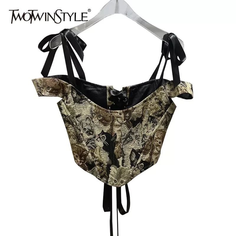 

TWOTWINSTYLE Vintage Embroidered Vest For Women Square Collar Lace Up Sleeveless Tunic Sexy Camis Female Summer Fashion 2022 New