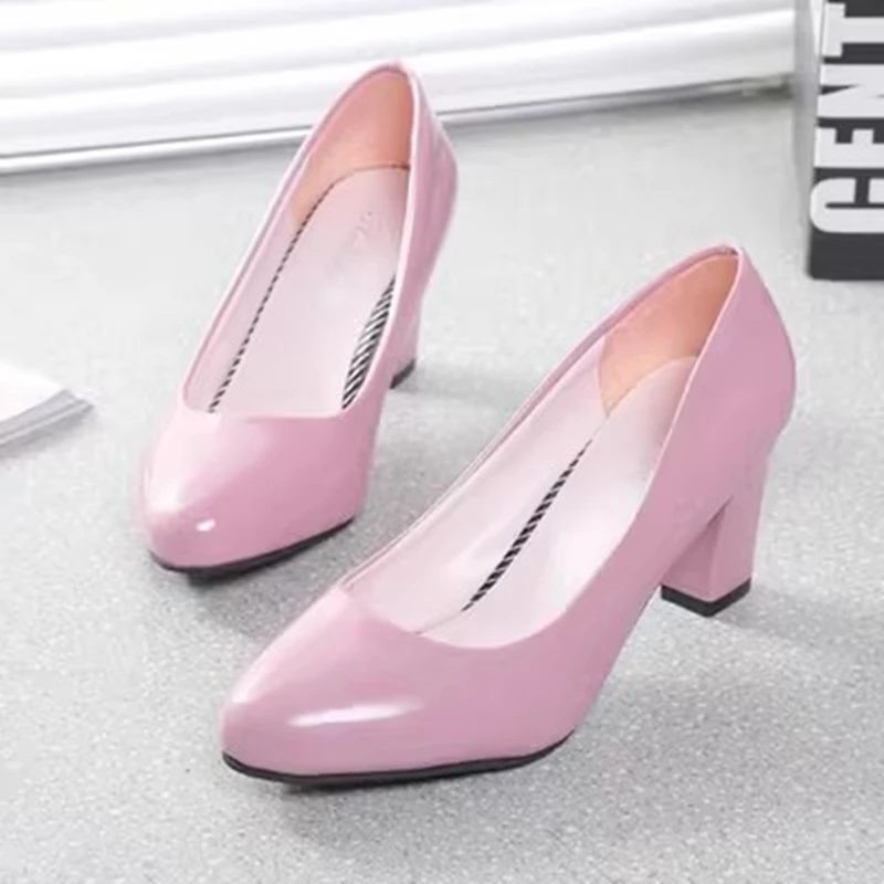 

Spring Autumn Lady Party Pumps Patent Leather Black Square Heeled Single Shoes Women's High Heels Dress Shoes Big Size