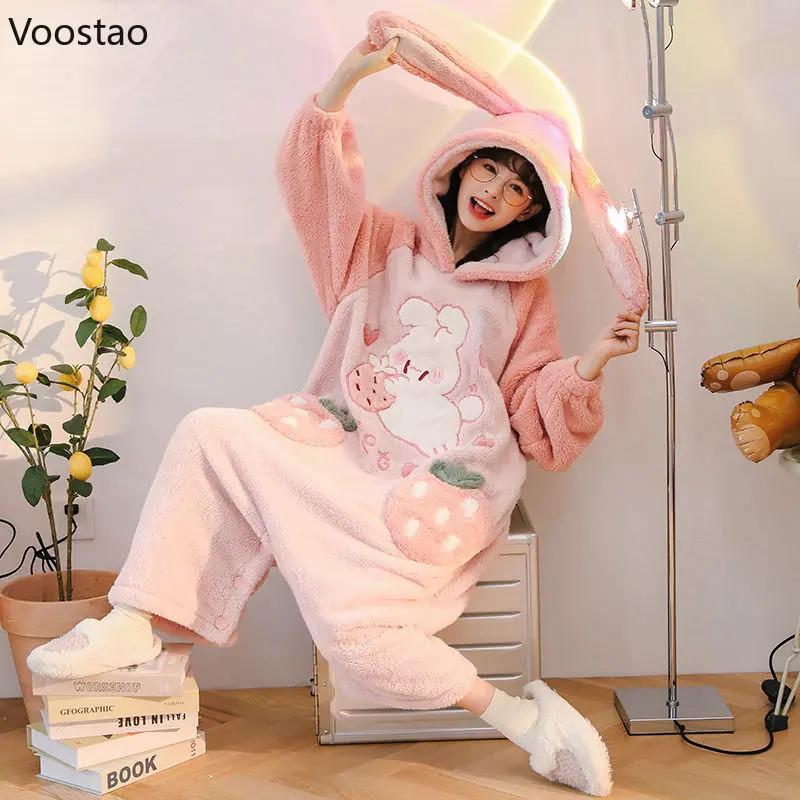 

Autumn Winter Sweet Bunny Ears Hooded Onesies Women Coral Fleece Warm Pajamas Cute Pijama Cartoon Embroidery Nightwear Jumpsuit