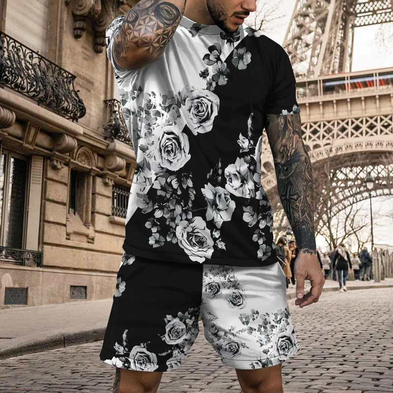 Latest Summer Men's Sports Suit Bohemian Style T-shirt Shorts 2-piece Sports Suit Casual Fashion Men's Oversized Outdoor Wear