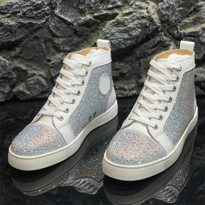 

Luxury Brands White Crystal Real Leather Red Bottoms High Tops Shoes For Men's Casual Flats Loafers Women's Rhinestones Sneakers