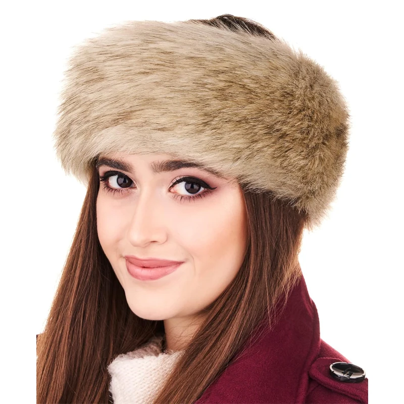 w nowym damskim eleganckim zimowym ciepłym pluszowym pałąkiem na głowę ze sztucznego futra gruby ocieplacz uszy opaska czapki typu beanie