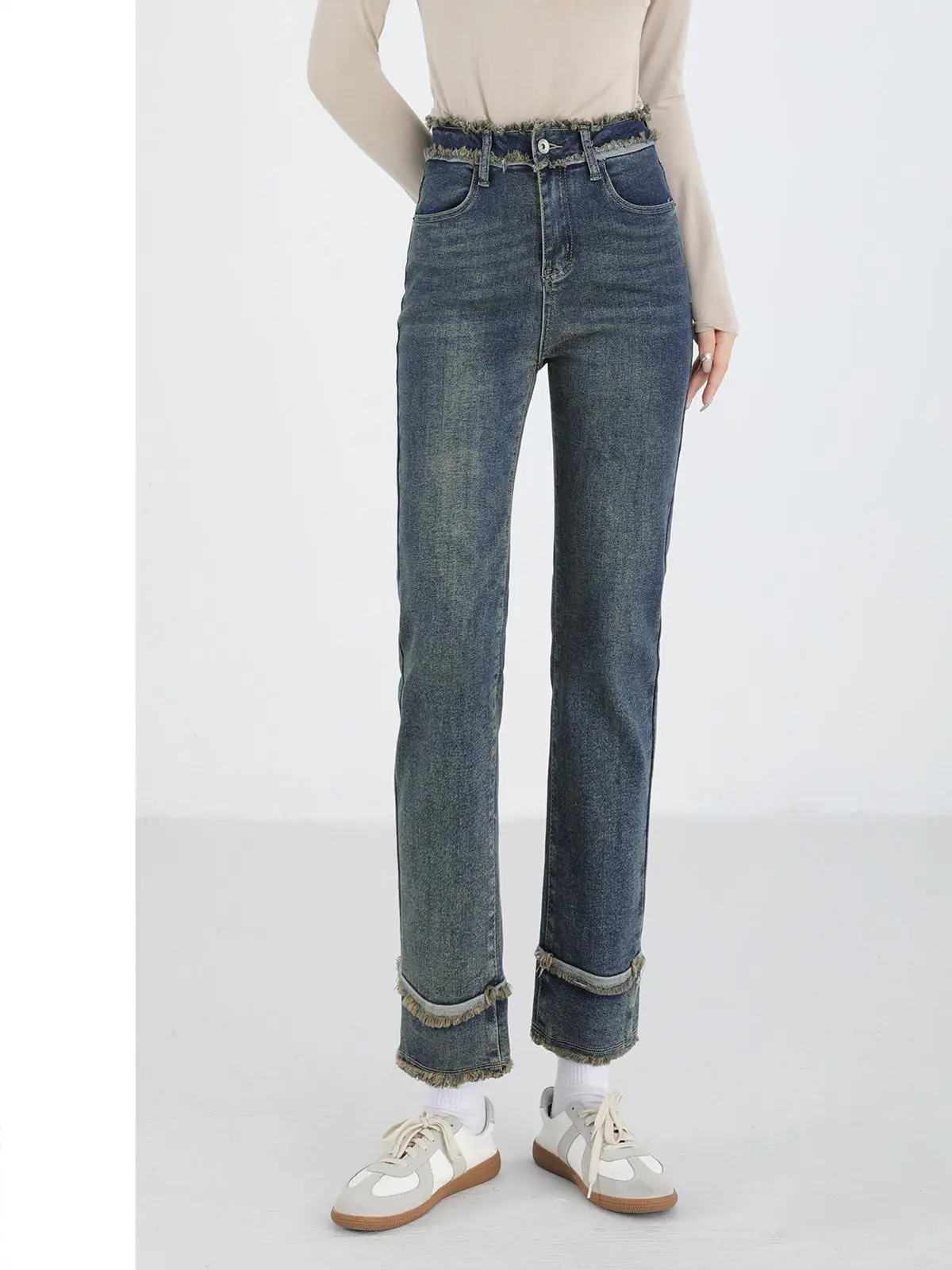 

ZHISILAO New High Waist Straight Jeans for Women Vintage Cotton Stretch Ankle-length Denim Pants Korean Style