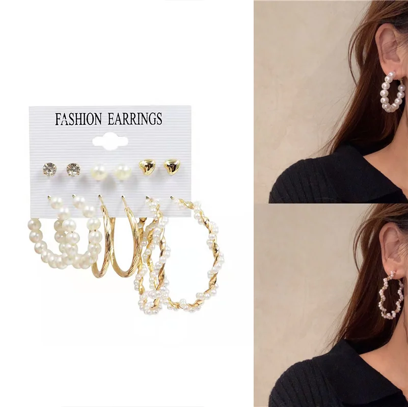 Модные увеличенные жемчужные серьги с кристаллами в виде больших кругов 6 пар