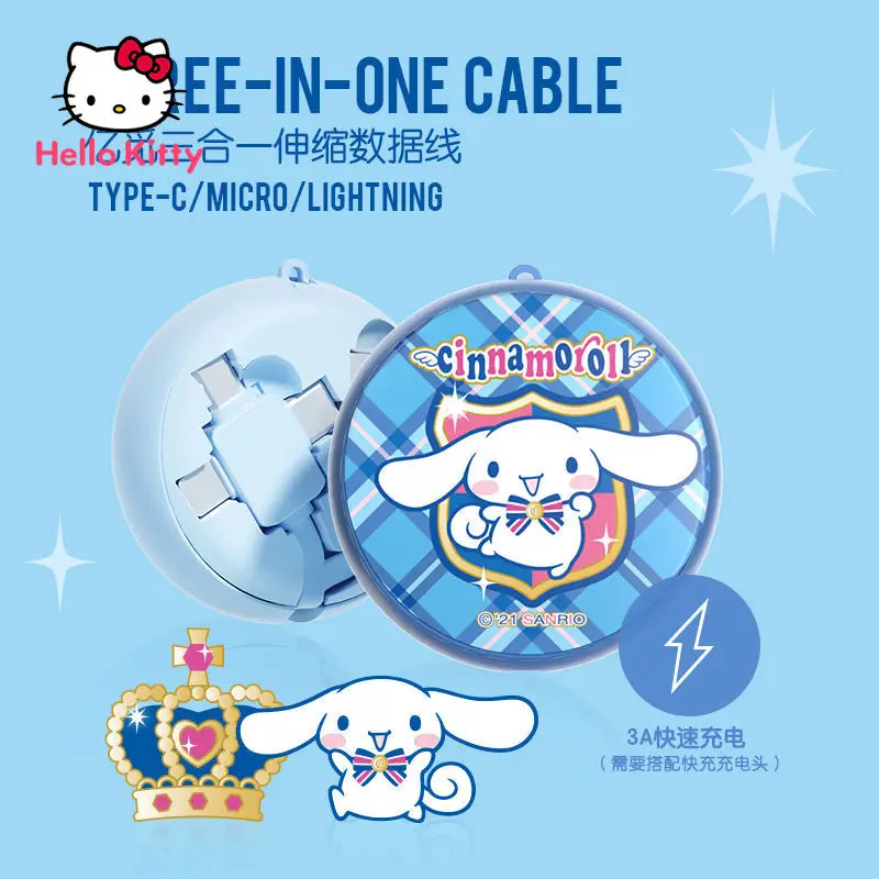Hello Kitty Data Cable Retractable Three-in-one Charging Cable Boys and Girls Cute Cartoon Portable Durable Charging Cable