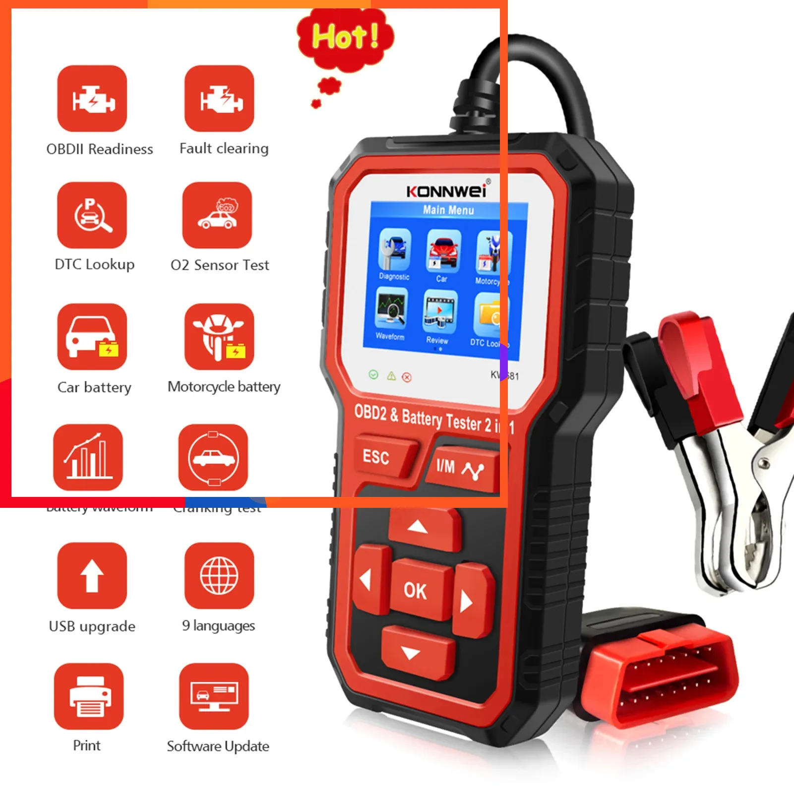 2 в 1 Автомобильный сканер OBD2 сканер KONNWEI KW681 полный ODB2 сканер многоязычные автомобильные инструменты ODB автомобильный диагностический инструмент для автомобилей Odb2