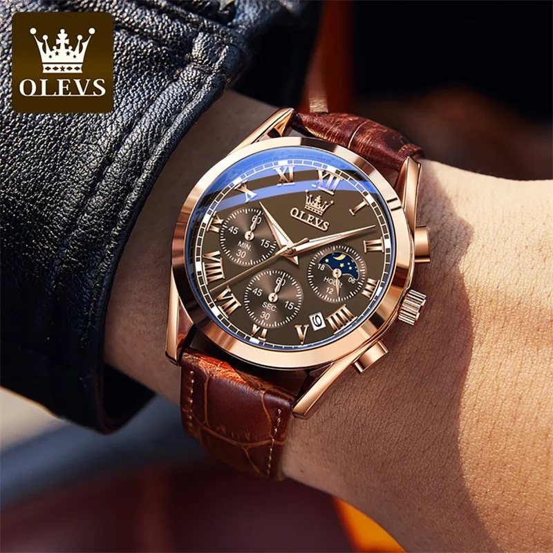 

OLEVS 2022 Elite Mens Quartz Watches Business Dress Waterproof Wristwatch Men Luxury Breathable Leather Sports watch men Gifts