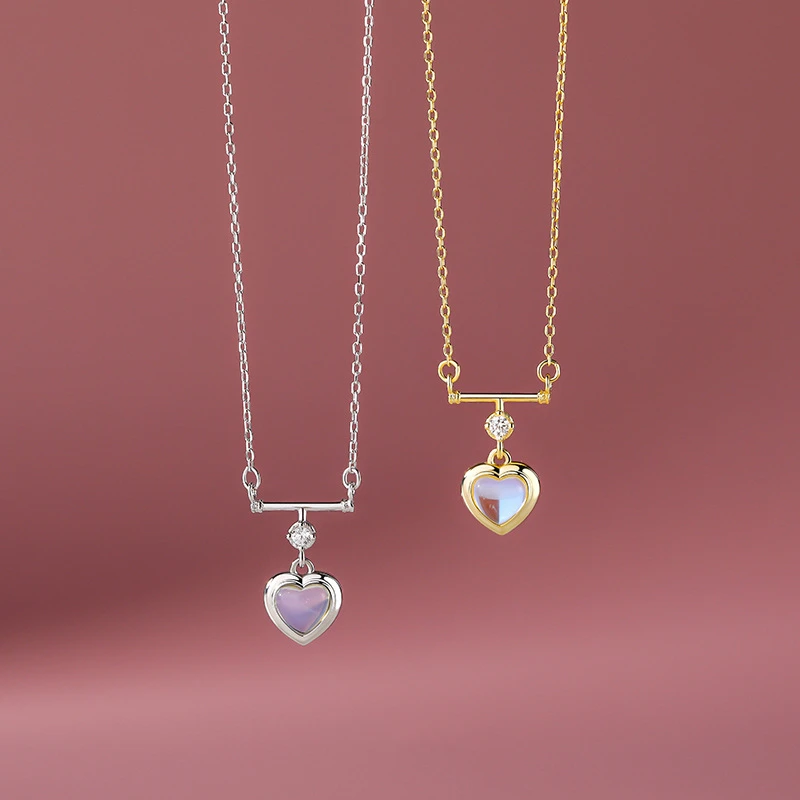 

925 Sterling Silver Korean Dream Moonstone Heart Pendant Necklace For Women Elegant Clavicle Chain Choker Fashion Fine Jewelry