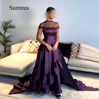 purple taffeta saudi arabia evening dresses sheer neck pleats dubai evening gowns with train formal gown robe de bal femme 2022
